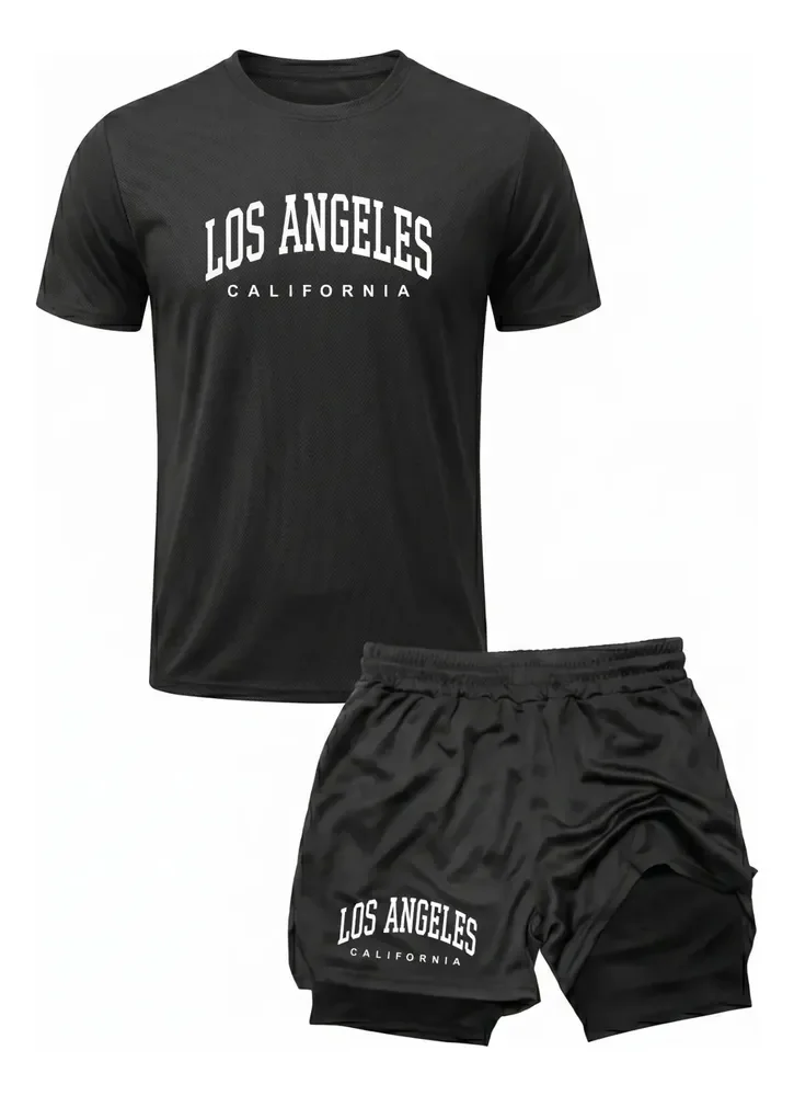 Conjunto Treino Camiseta Dry Fit + Short 2 Em 1 Los Angeles Preto G