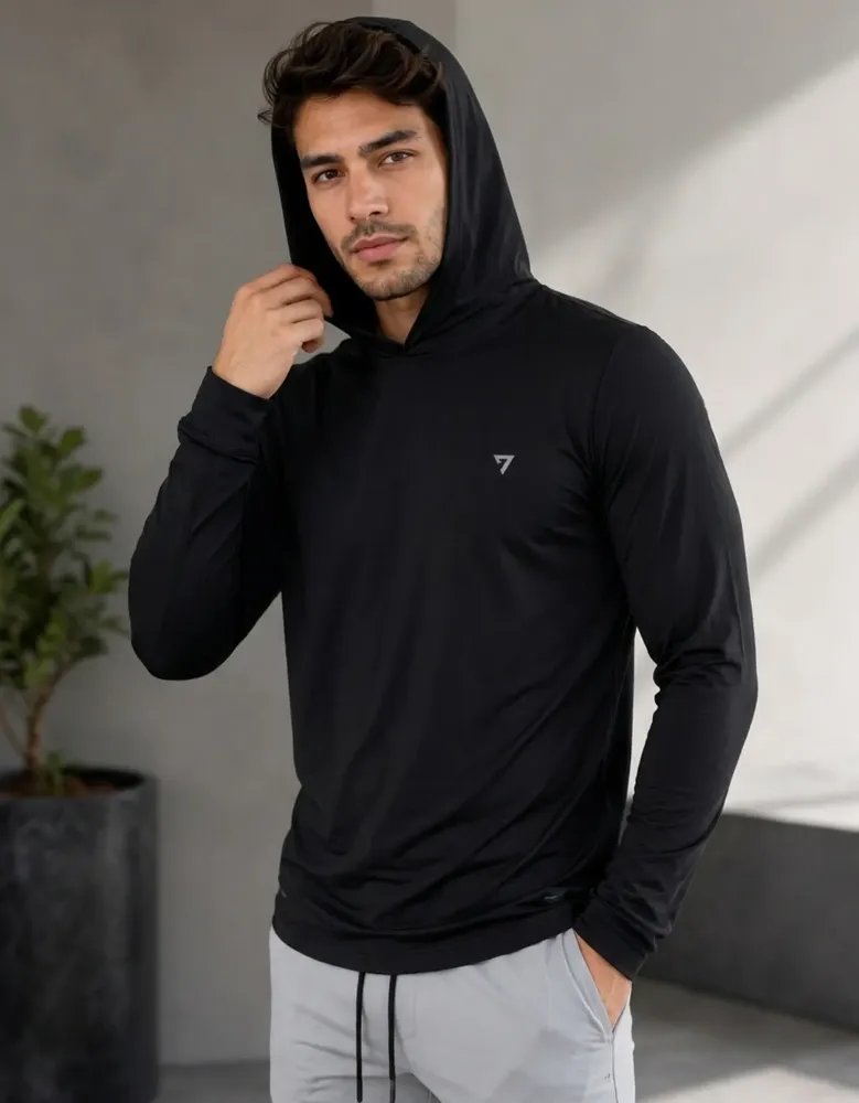 Camisa Térmica Manga Longa Com Capuz Proteção Solar Uv50+ Preto Liso G