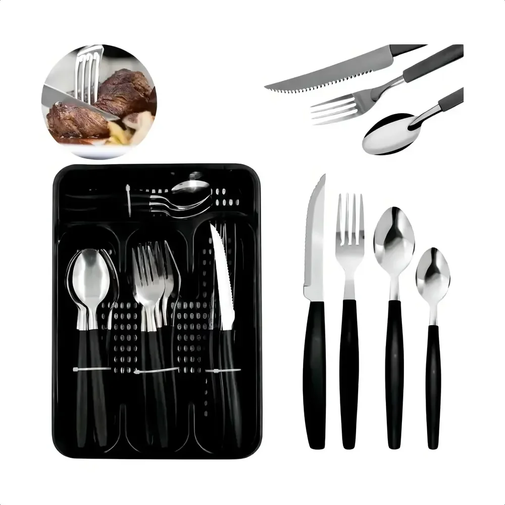 Kit Talheres 25 Pecas Porta Talher Luxo Premium Cor Preto Ke Home Colher De Sopa Garfo Faca E Colher De Sobremesa