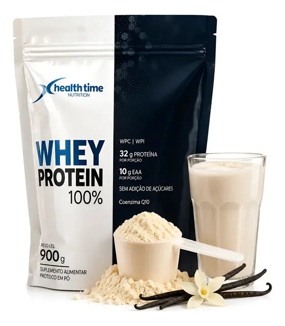 Whey Protein Health Time 100% 900g 32g Proteína Zero Açúcar Baunilha