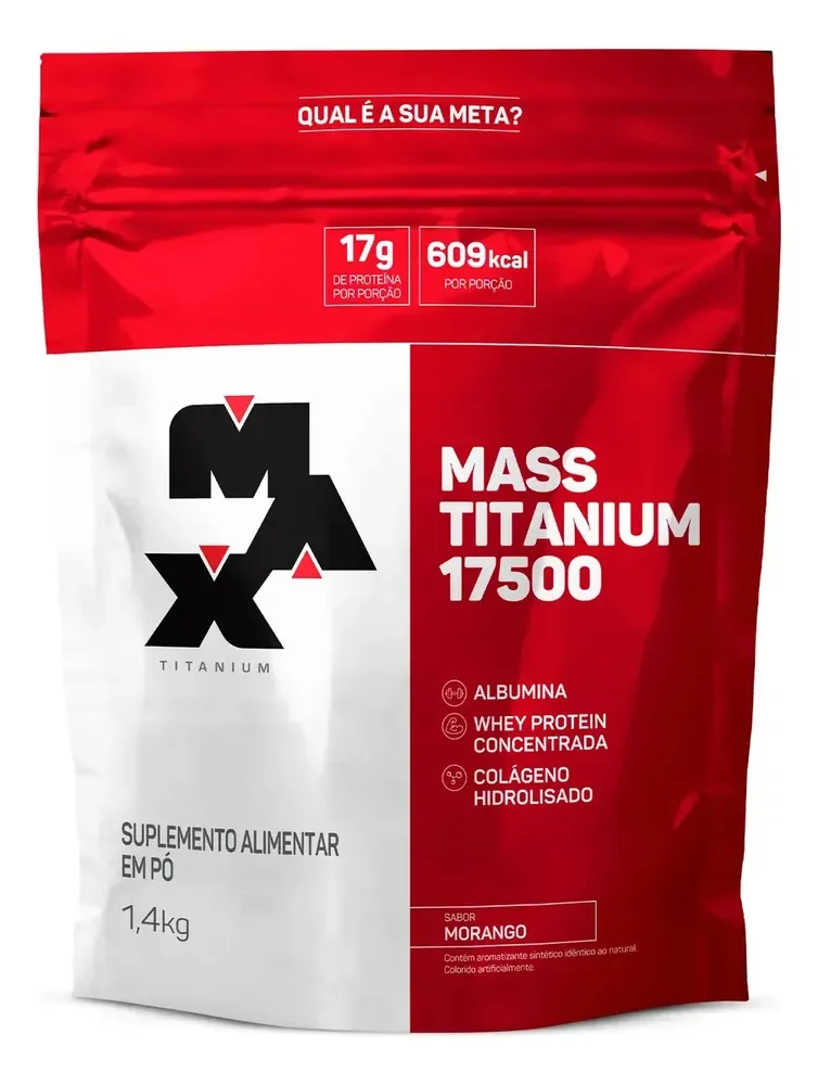 Hipercalórico 1,4kg Mass Titanium Max Titanium Sabor Morango Energia e Ganho Muscular