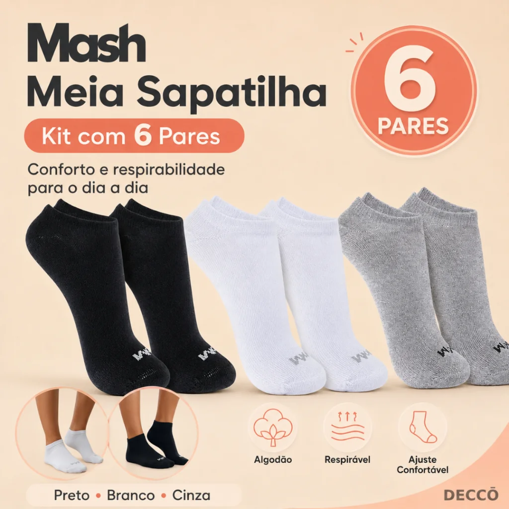 Kit Com 6 Pares de Meias Sport Mash Cano Curto em Algodao Unissex Para Corrida Caminhada