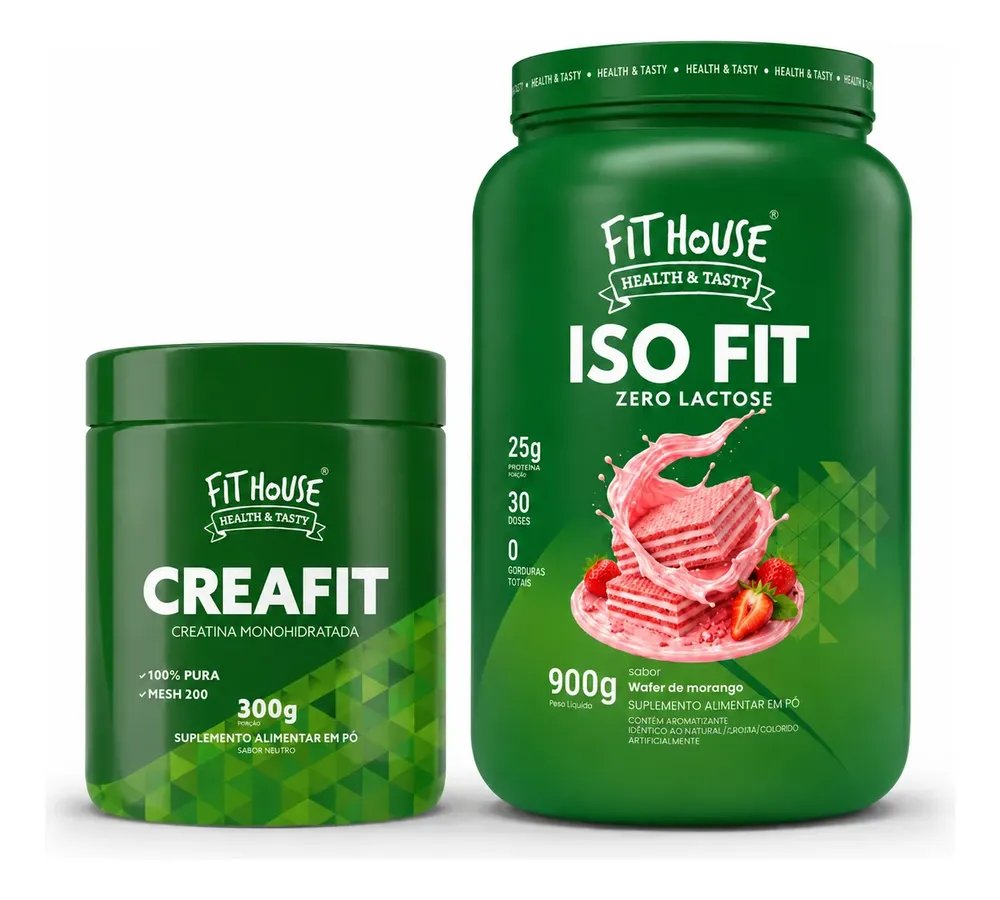Kit Whey Protein Iso Fit 900g + Creatina Fit House 300g Variados Morango