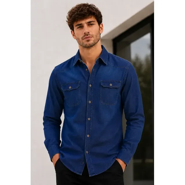 Camisa Jeans Slim Manga Longa Masculina