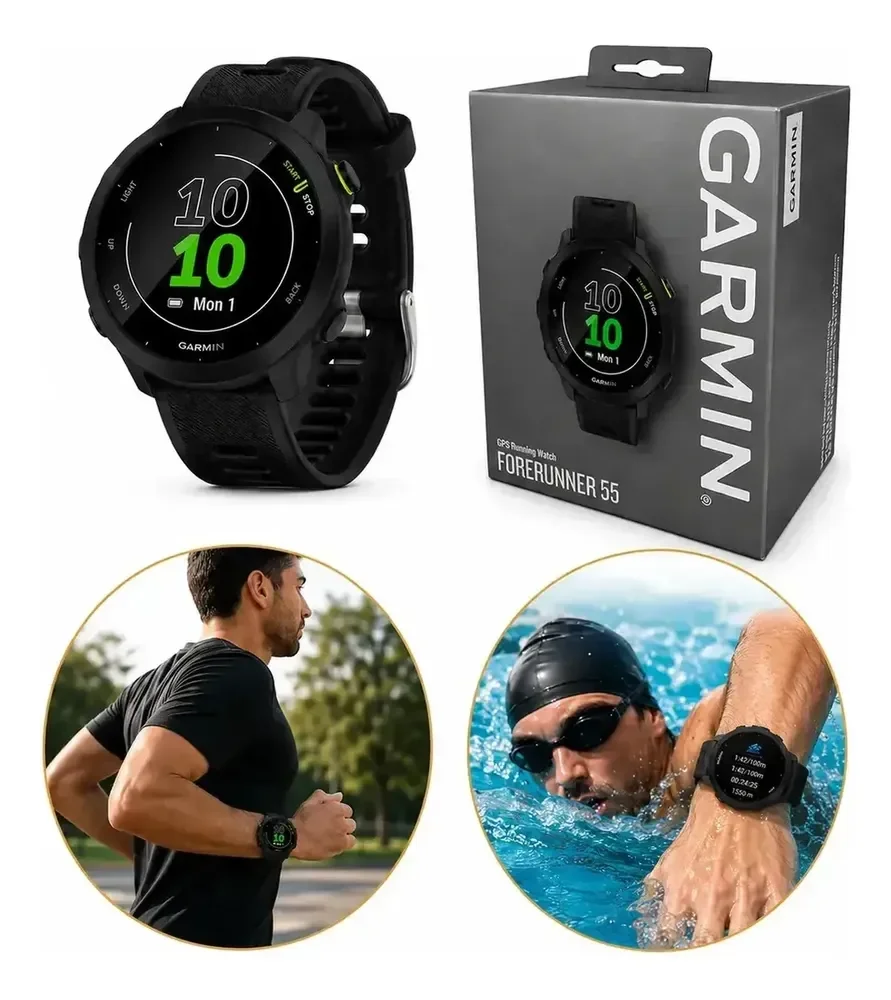 Relógio Garmin Forerunner 55 Monitor Cardíaco Gps 42mm Preto Corrida Caminhada Ciclismo Natação Monitoramento Sono Pace Calorias Distância Cronômetro Resistente Leve Esportivo Unissex Com Gps Rápido