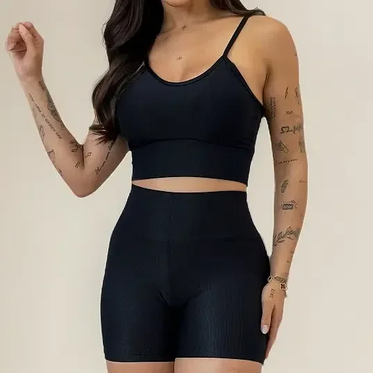 Conjunto De Short E Top Fitness Canelado Premium Acetinado