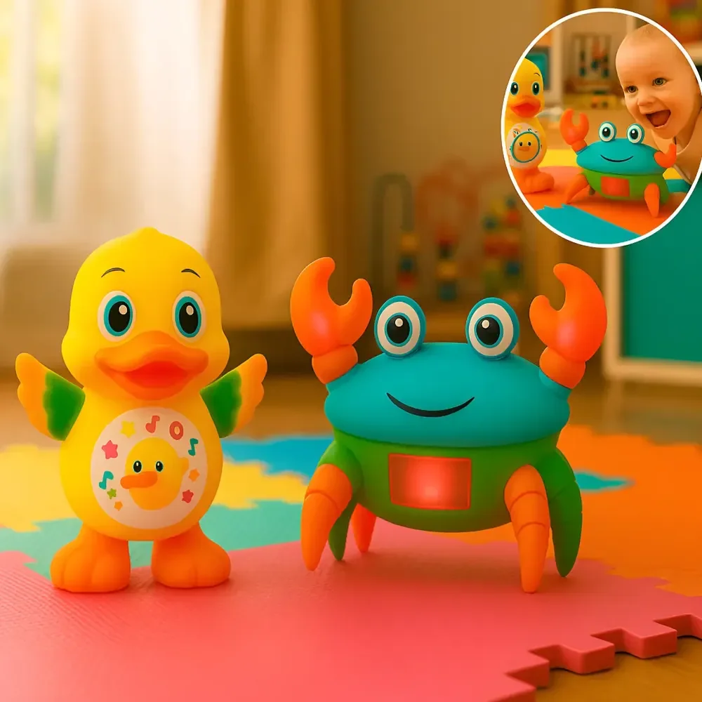 Kit Brinquedo Pato Dançante E Caranguejo Fujão Infantil Com Música Luz Movimento Educativo Combo Patoguejo Ligeiro