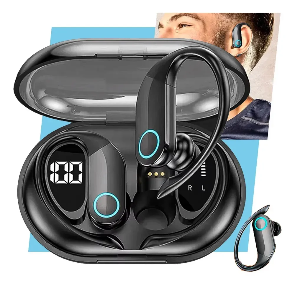 Fone de Ouvido Bluetooth TWS Esportivo com Gancho para Academia e Corrida