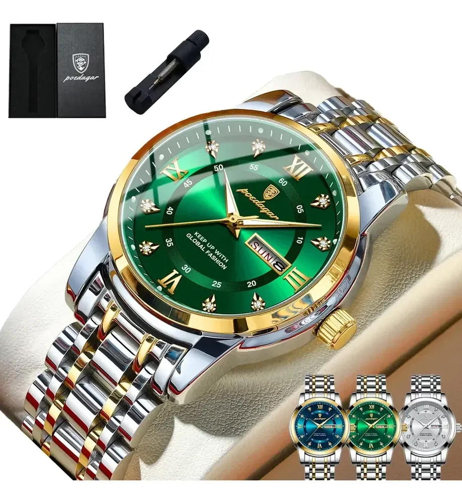 Relógio Poedagar Masculino Luxo Original Com Nota Fiscal Prateado Verde