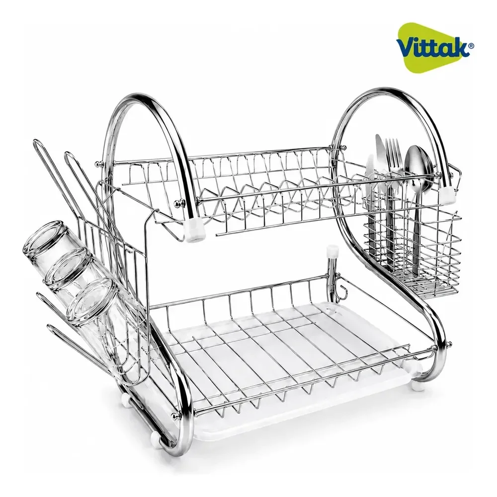 Vittak Escorredor Duplo De Louça Para 14 Pratos Talheres Com Bandeja Inox Cozinha Prateado