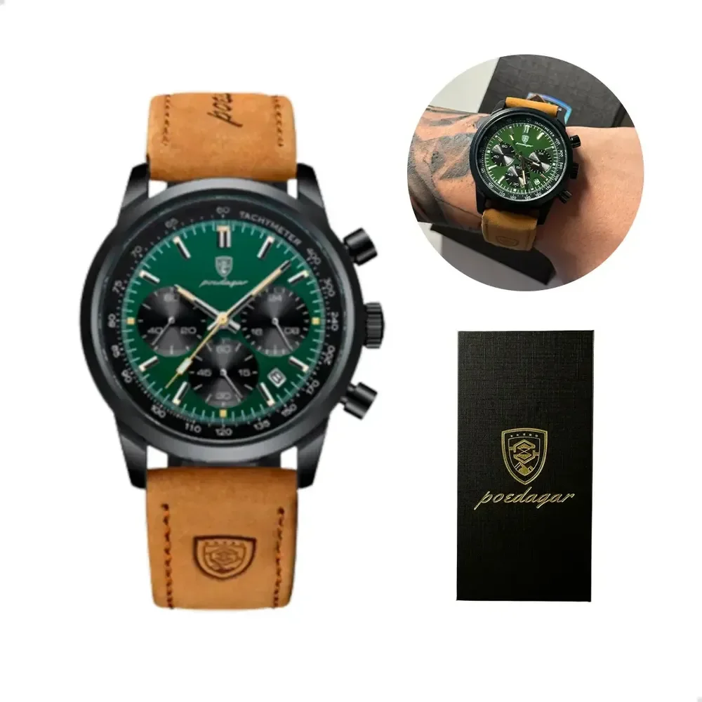 Relógio Luxo Poedagar Masculino Pulseira Em Couro Funcional Correia Marrom-claro Bisel Prateado Fundo Verde