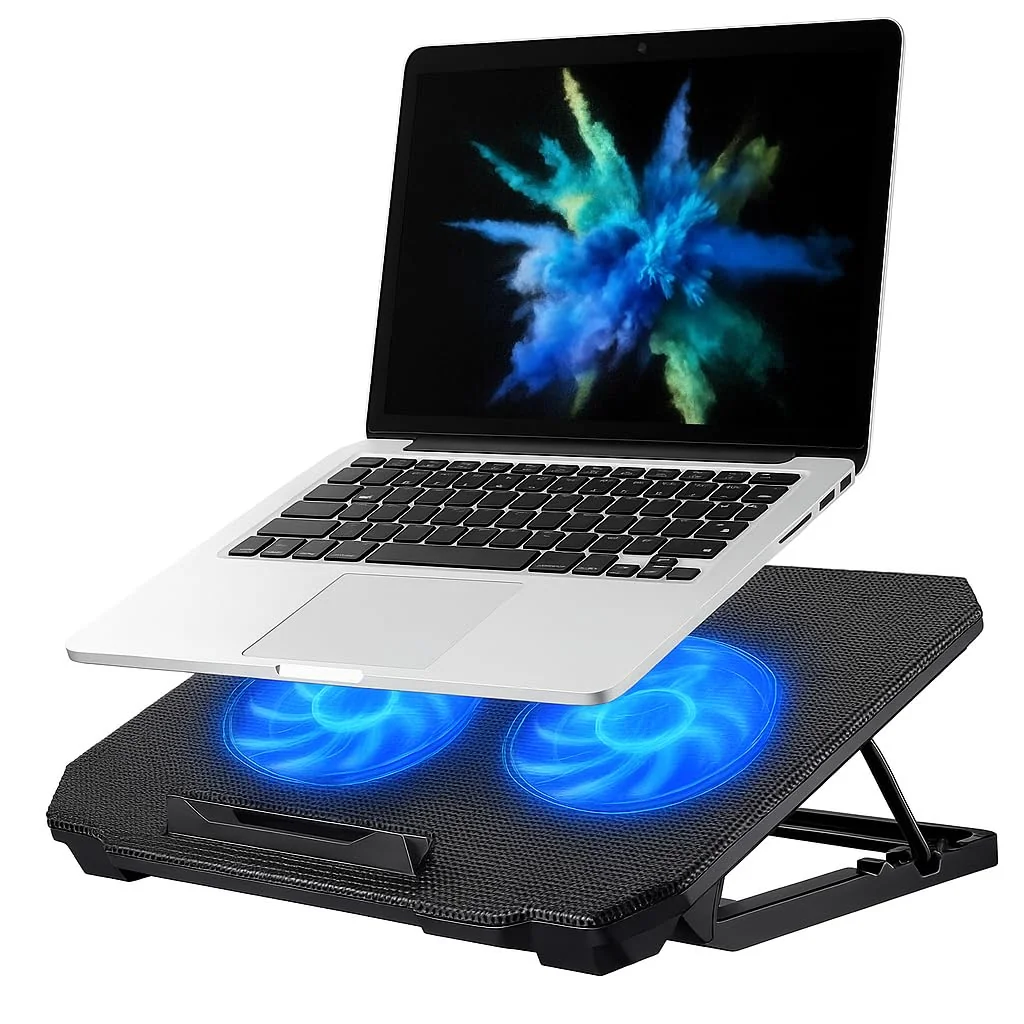 Suporte Para Notebook Com Cooler Duplo Silencioso Com 8 Níveis de Ajuste Ergonômico, Saída USB Adicional e Iluminação Interna Base Para Notebook de Até 17 Polegadas