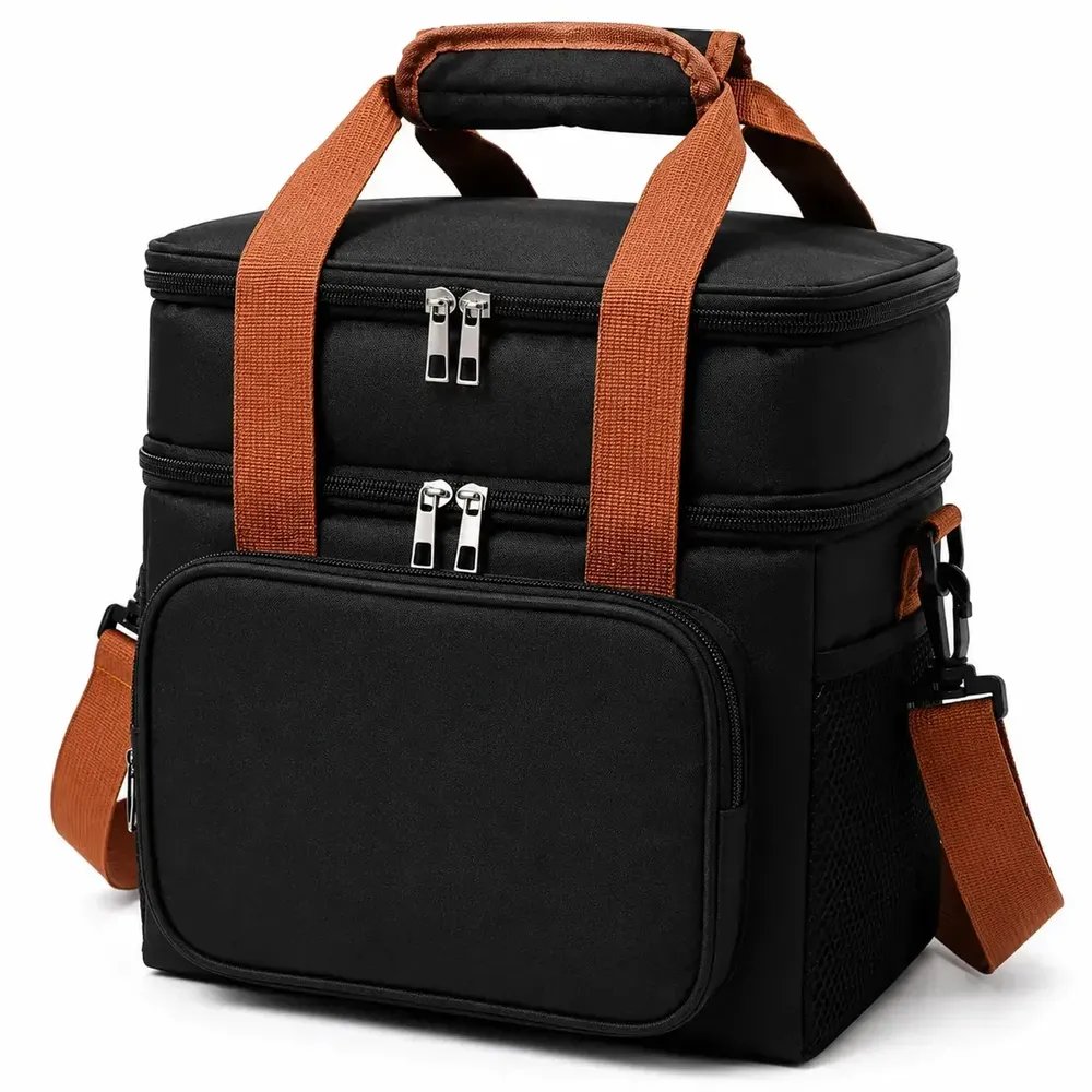 Bolsa Térmica Lancheira Marmita 13,5L 2 Compartimentos Frasqueira Dupla Camada Alça de Ombro Fitness Trabalho Preta