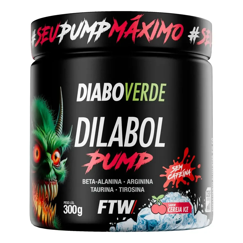 Pré Treino Dilabol Pump Diabo Verde Sem Cafeína Pote 300g Sabor Cereja Ice - Ftw