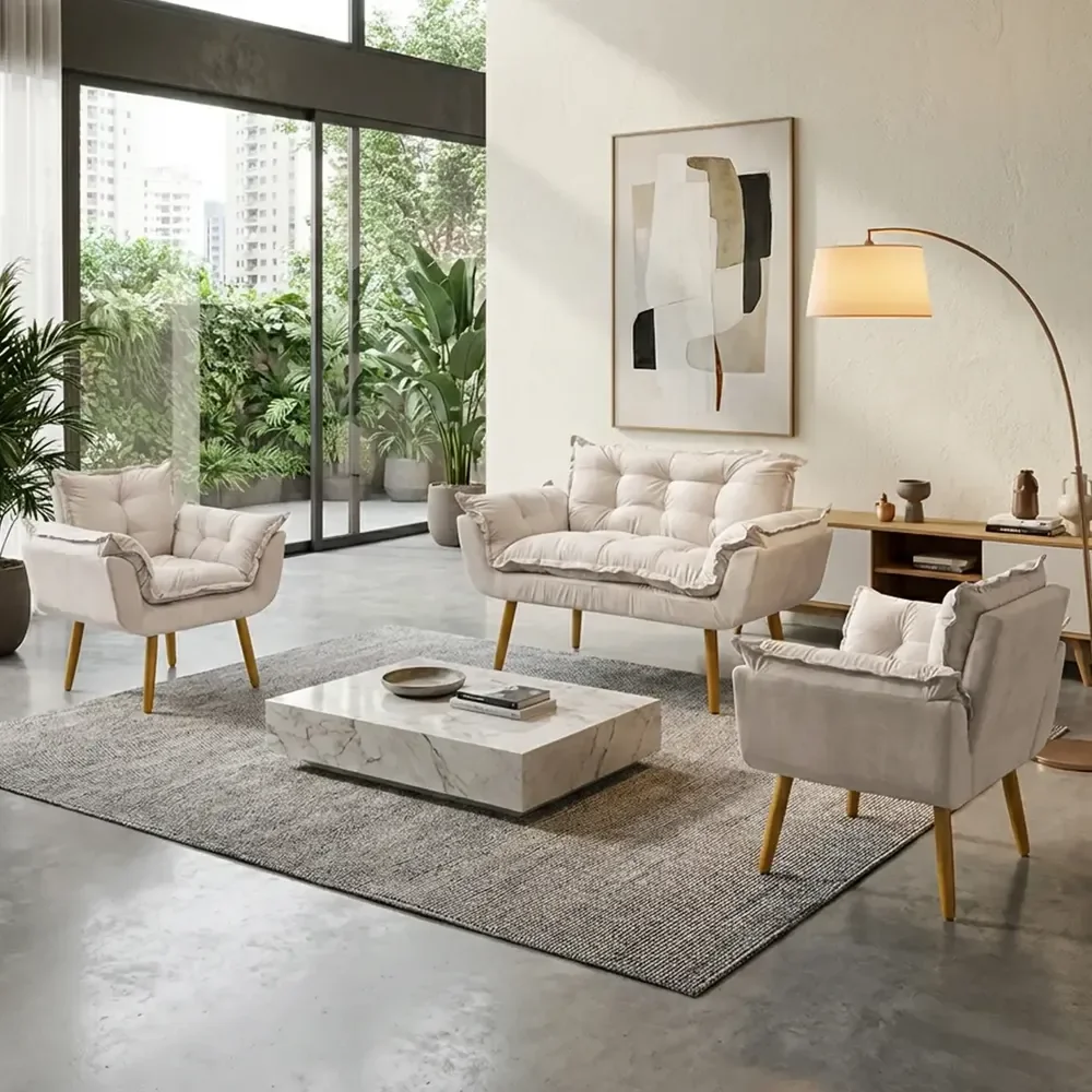 Kit Namoradeira E 2 Poltronas Alice Decorativas Para Sala Recepção Consultório Escritório Manicure Suede Bege Suede Liso
