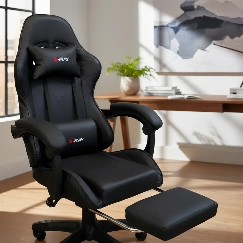 Cadeira Gamer Reclinável X-ray Fit Preta Ergonômica Com Apoio Para Pés Preto Couro Sintético