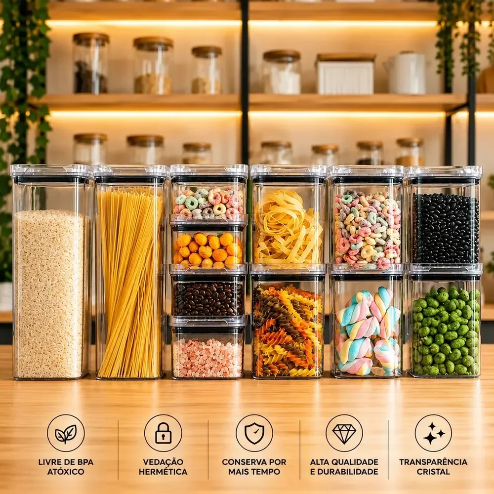 Kit Potes Porta Mantimento Hermético Quadrado Cozinha 12 Uni