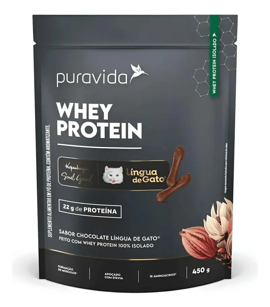 Whey Protein Isolado Chocolate Língua De Gato 450g Puravida Chocolate Língua De Gato