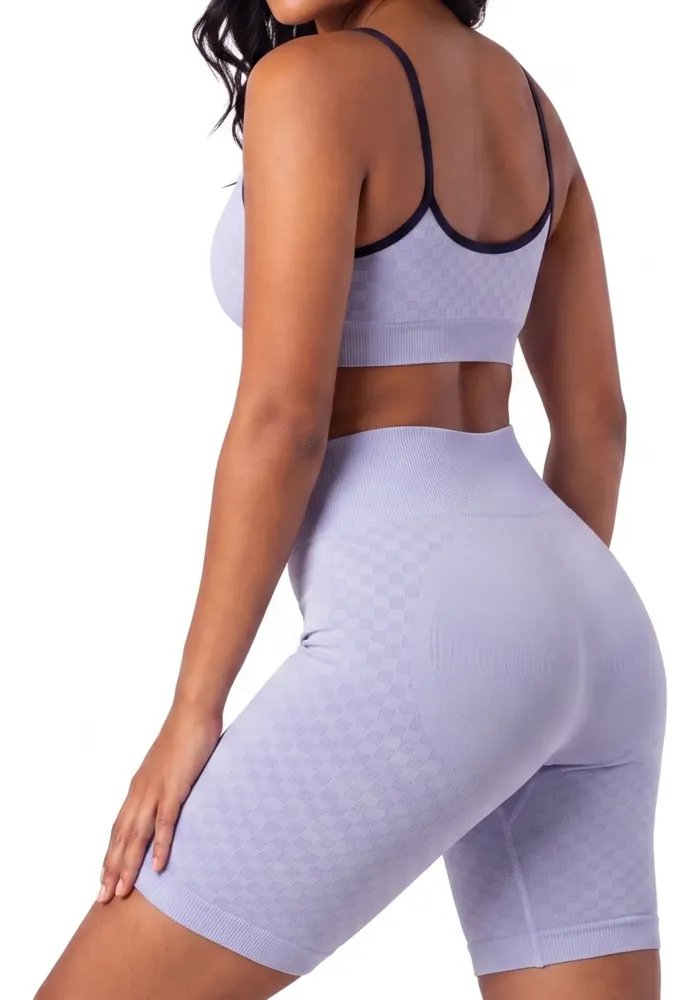 Conjunto Academia Selene Top Bojo Removível Shorts Lavanda Claro Mescla Poliamida Fitness Treino M