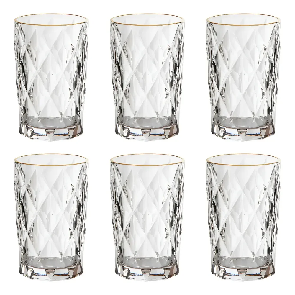 Jogo 6 Copos Altos Vidro 350ml Diamond Clear Borda Dourada Ke Home Transparente Com Borda Dourada