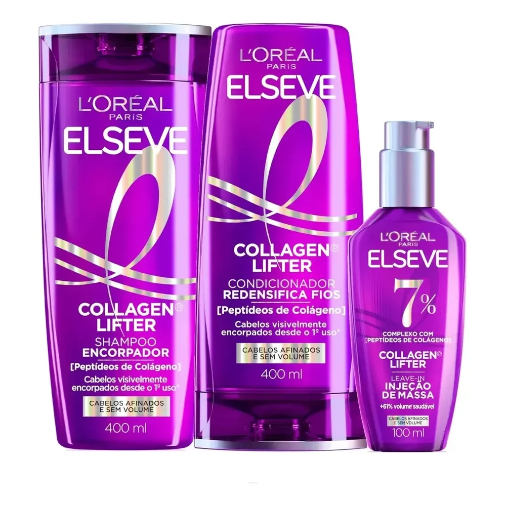 L'oréal Paris Elseve Collagen Lifter Kit Shampoo, Condicionador E Sérum Leave-in Com Peptídeos E Proteção Térmica Para Cabelos Finos, Volume Em 3d, 400ml + 400ml + 100ml