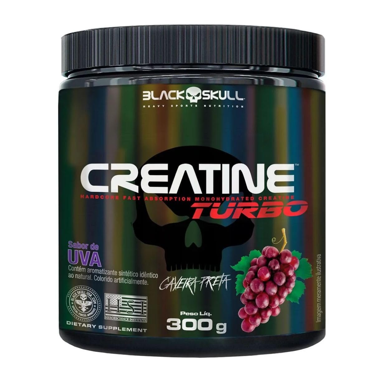 Creatine Turbo BlackSkull - Creatina Monohidratada em pó, com carboidrato para melhor absorção e performance (300g Pote, Uva)