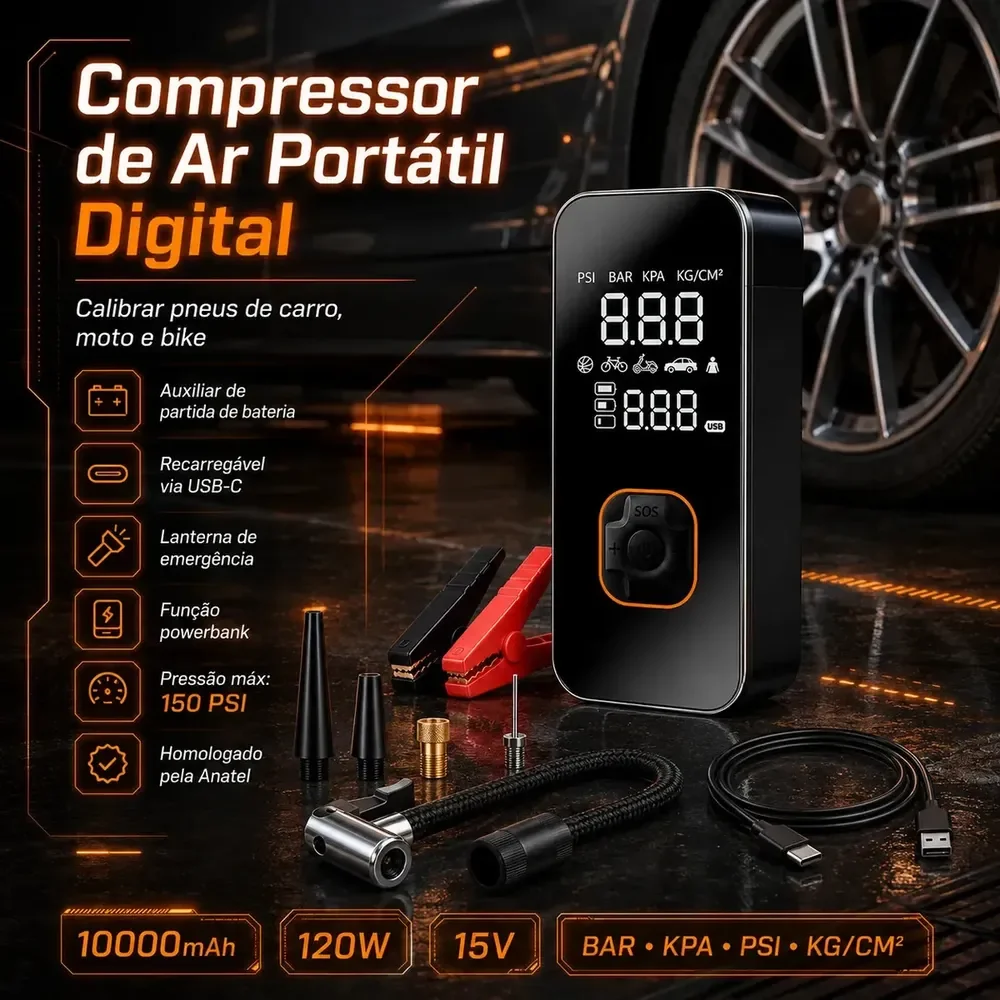 Auxiliar de Partida de Bateria Veicular Portátil Com Compressor de Ar Para Carro e Moto