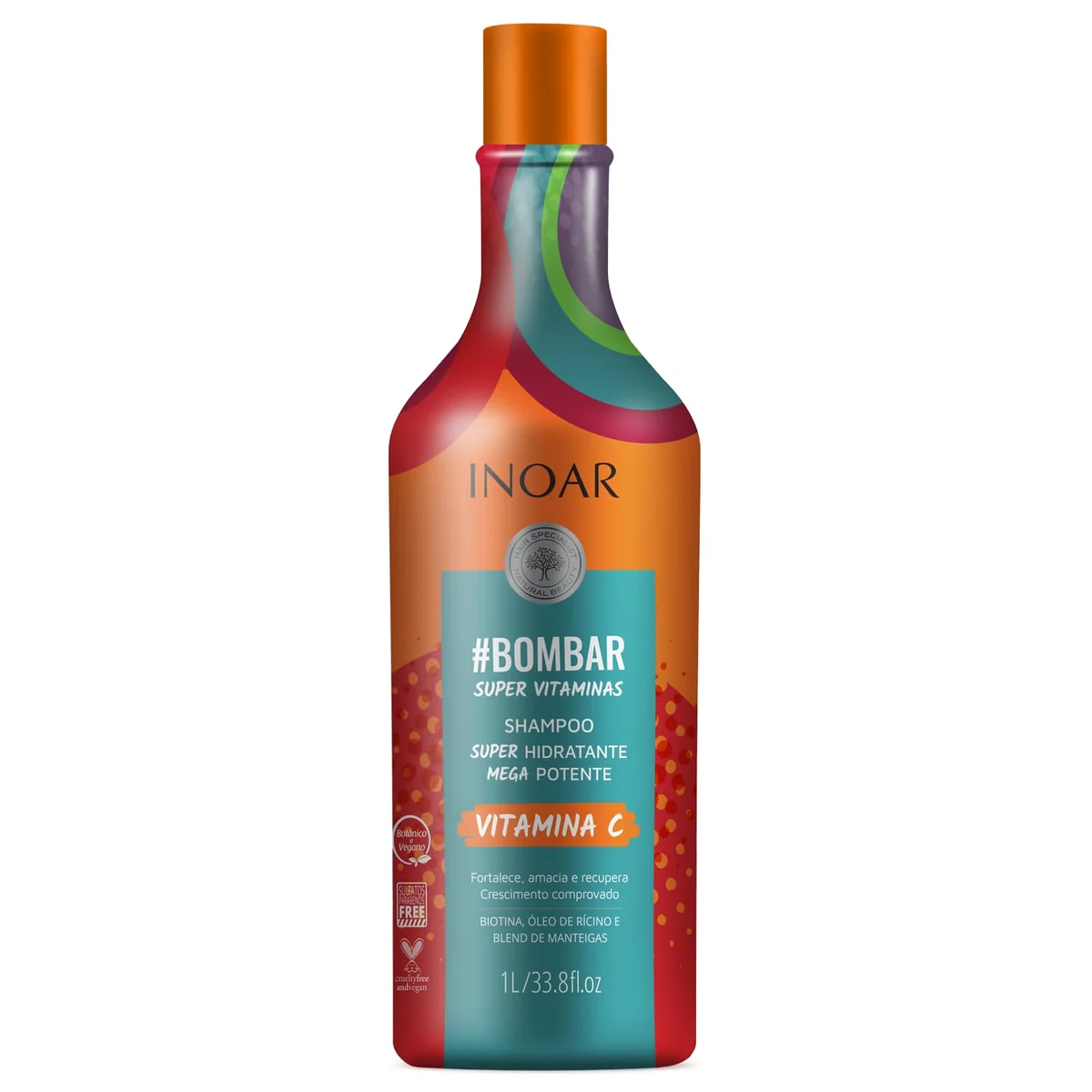 Inoar, Bombar, Shampoo Fortalecedor, Crescimento e Hidratação Diária, Biotina, Vitamina C e Blend de Manteigas, Vegano – Para Todos os Tipos de Cabelos, 1L