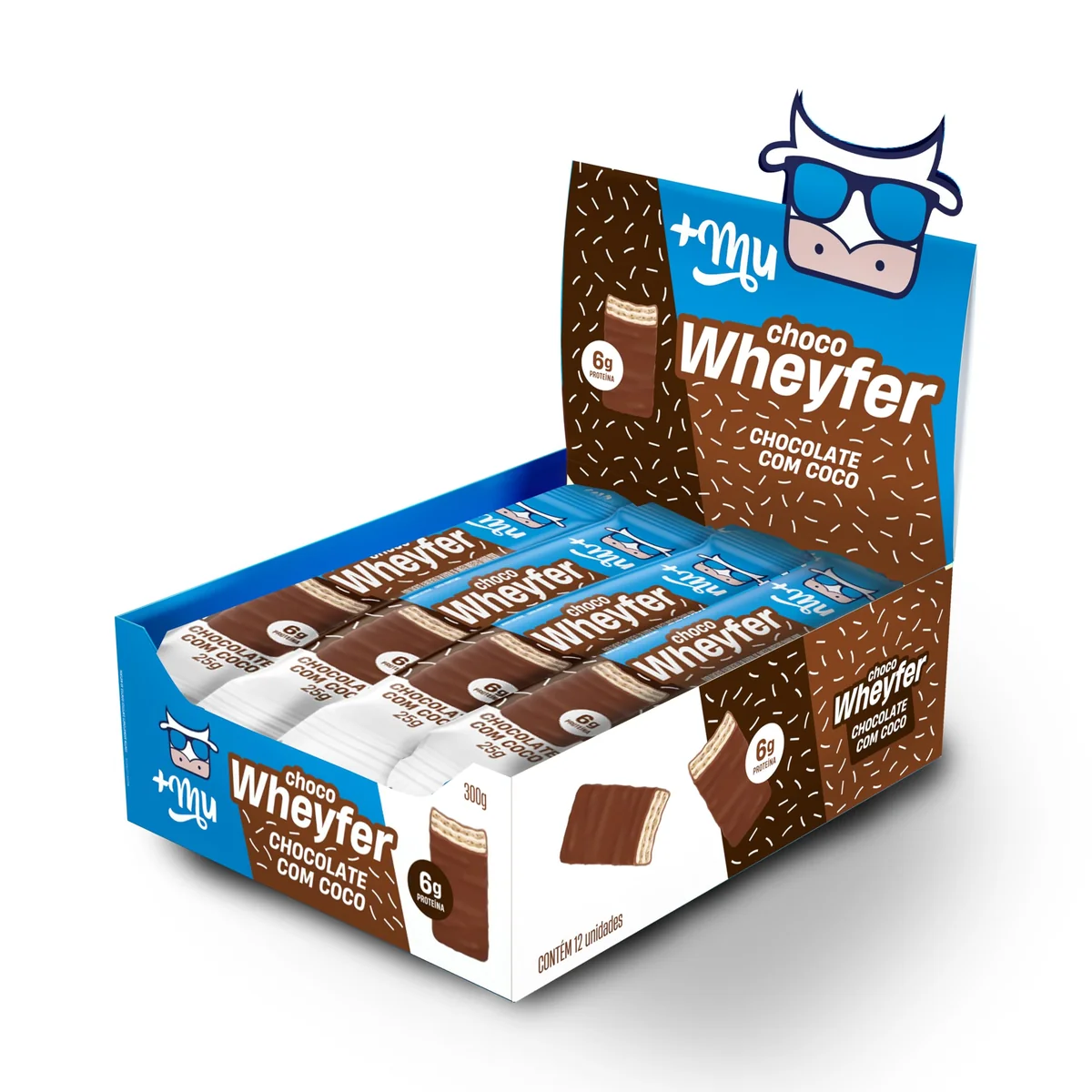 Chocowheyfer, Mais Mu, Wafer Proteico Sabor Chocolate e Coco, 6g de Proteína, Zero Açúcar, Display com 12 Unidades