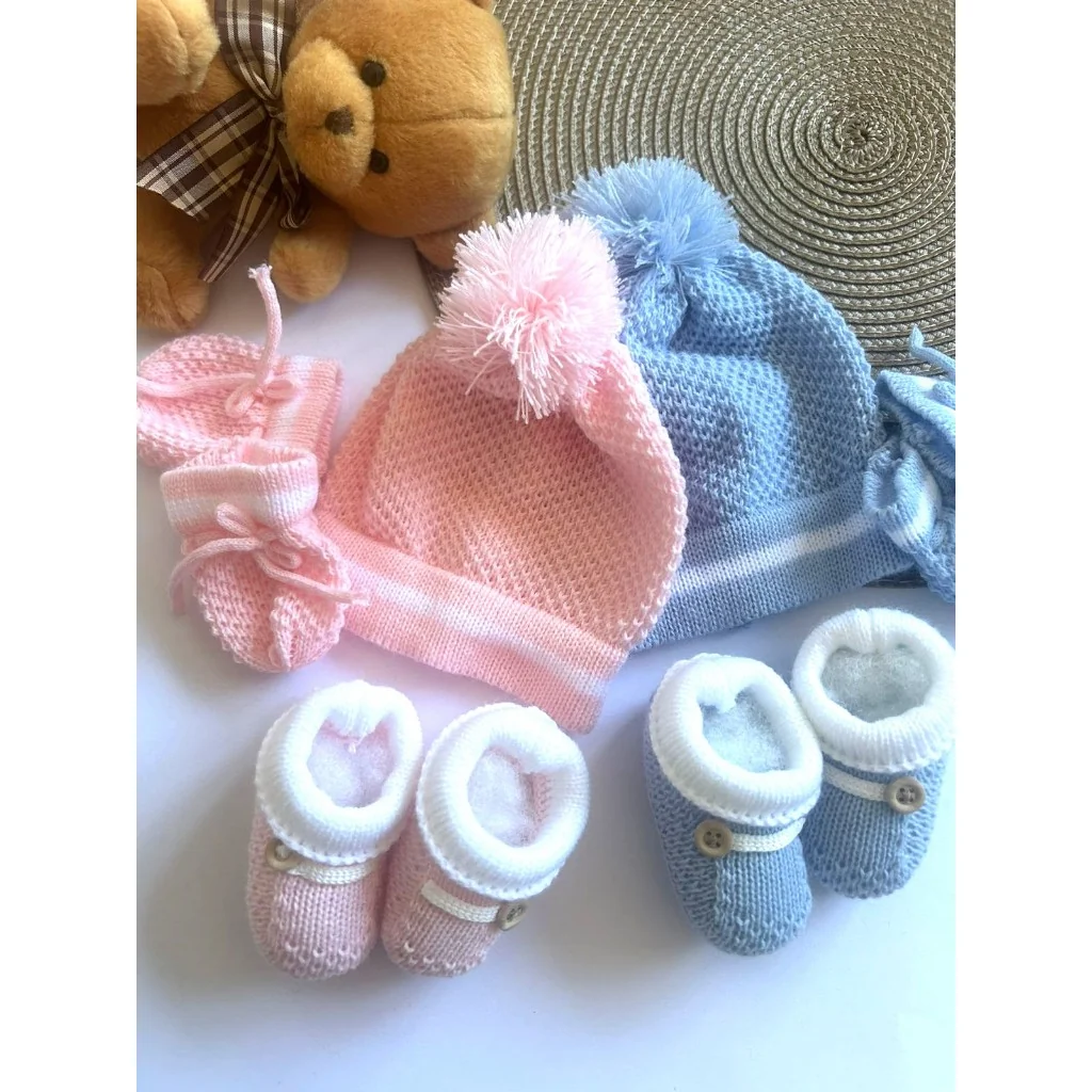 KIT Touca luva e sapatinho para Bebê recém nascido maternidade 0 a 3 meses em tricô de Linha