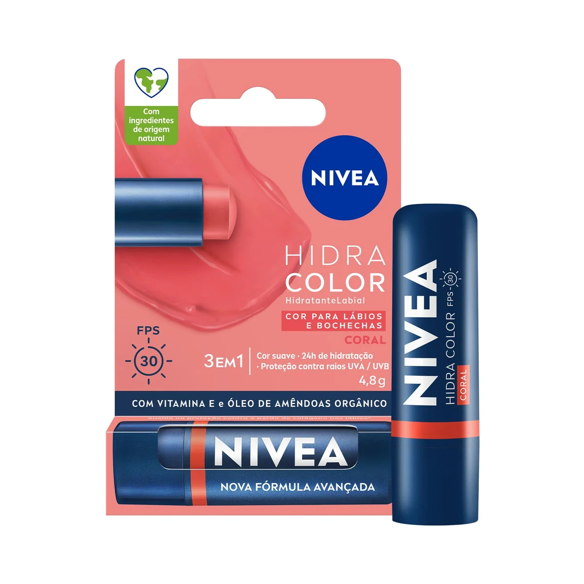 NIVEA Hidratante Labial Hidra Color 3 em 1 Coral 4,8g, Cor Intensa, Hidratação 24h, Proteção UVA/UVB, Lábios e Bochechas