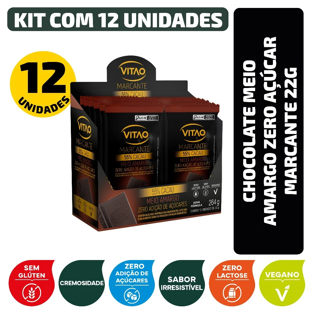 Kit Chocolate Meio Amargo 55% Cacau Zero Açúcar Marcante 22G - 12 Unidades