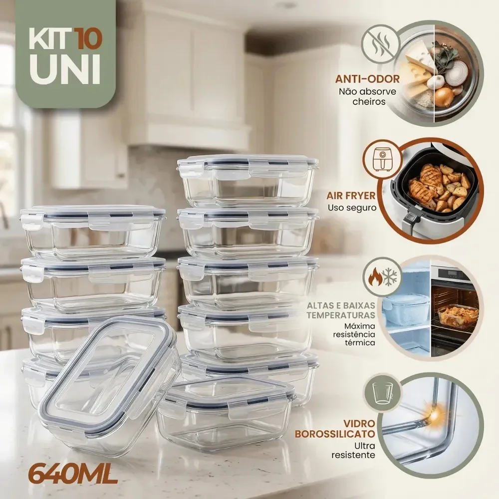 Kit 10 Pote De Vidro Marmita Hermético 640ml Freezer Fitness Rishon