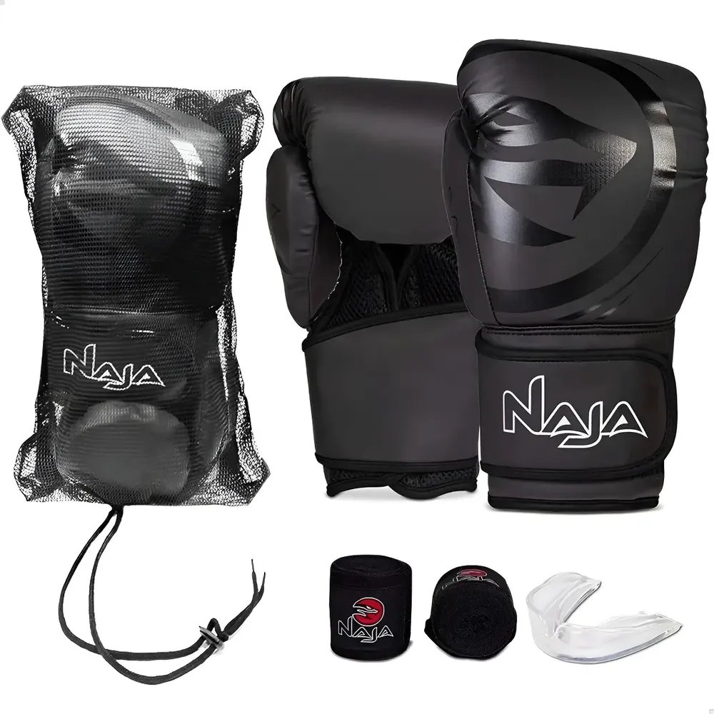 Kit Luva Boxe Muay Thai Naja Black Bandagem + Bucal Cor Preto Tamanho 12oz