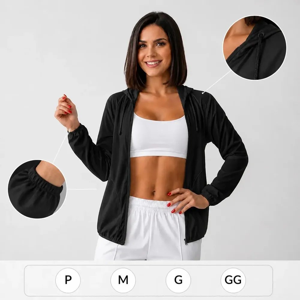 Jaqueta Corta Vento Feminino Capuz E Bolso Izing Leve 2026 Preto Gg Liso