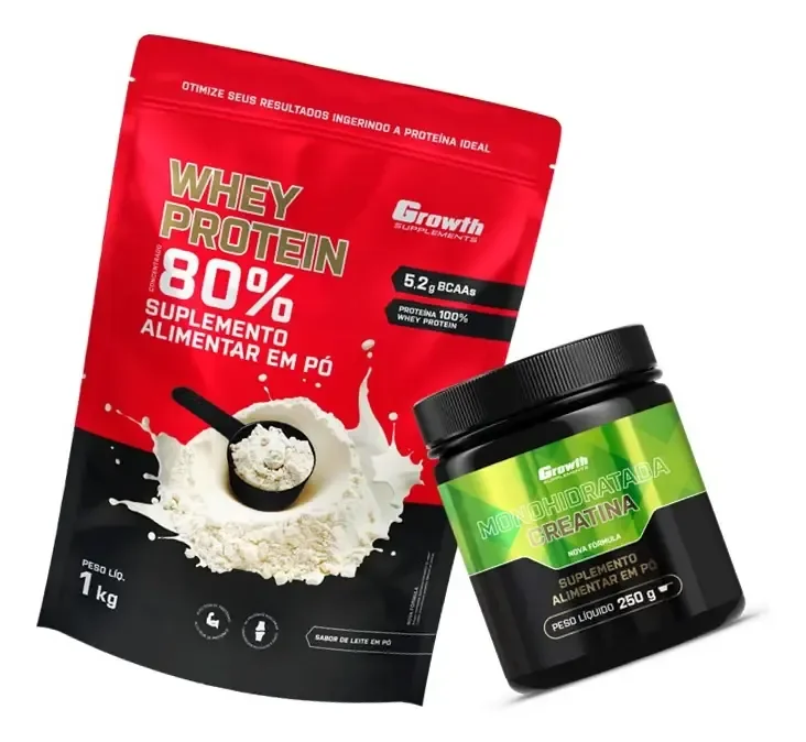 Kit Growth: Whey Protein Concentrado Leite Em Pó 1kg + Creatina Monohidratada Sem Sabor 250g