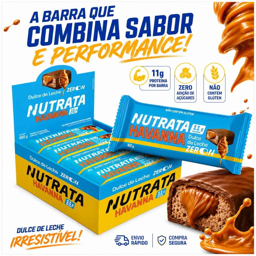 Barra De Proteina Doce de Leite Havanna  Nutrata Zero Açúcar 40g Dp 12 Un Nutrata