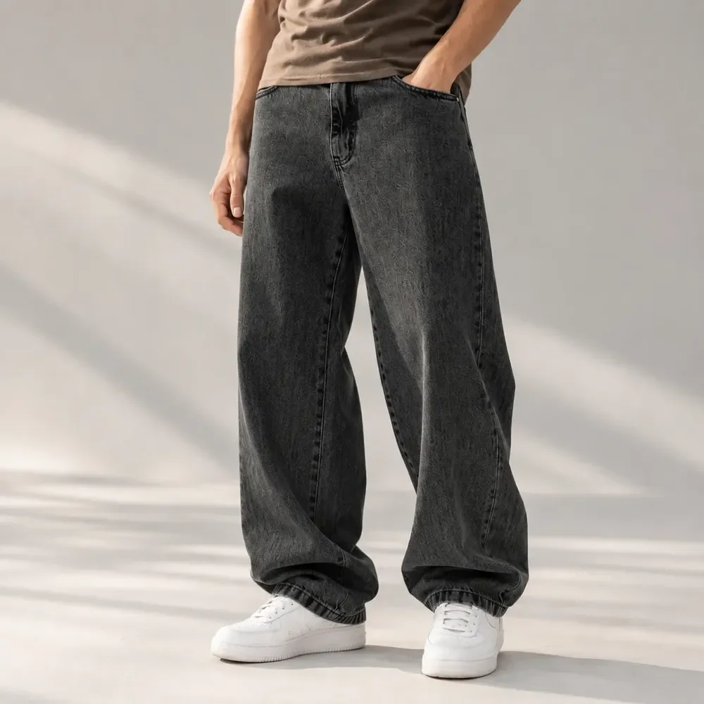 Calça Balão Baggy Oversize Jeans Masculina Moderna Premium Preto Liso 40