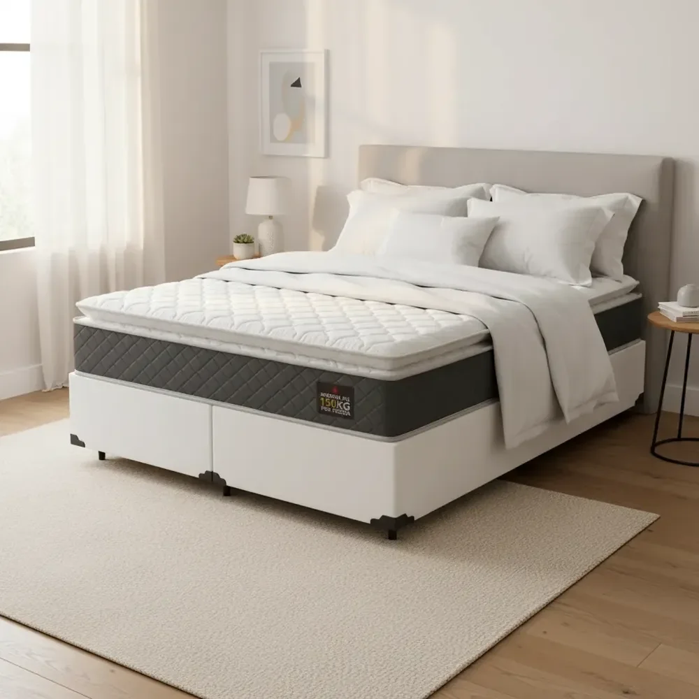 Cama Box King + Colchão E Espuma D45 Pillow Top Fort Comfort Branco
