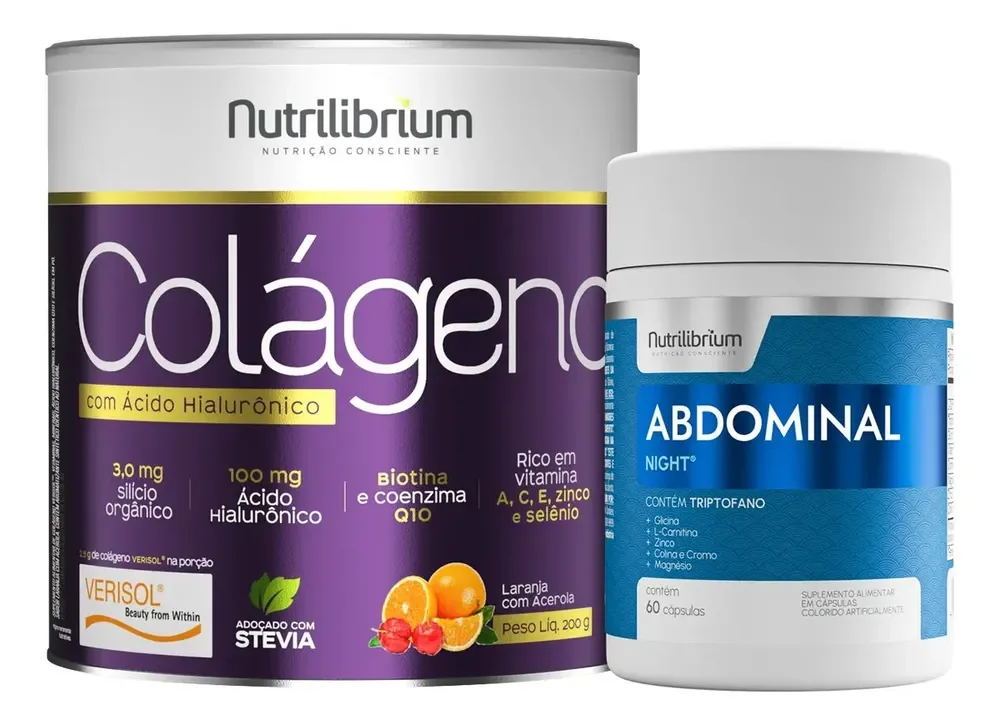 Colágeno Verisol Ácido Hialurônico + Abdominal Night 60 Comp Sabor Laranja Com Acerola