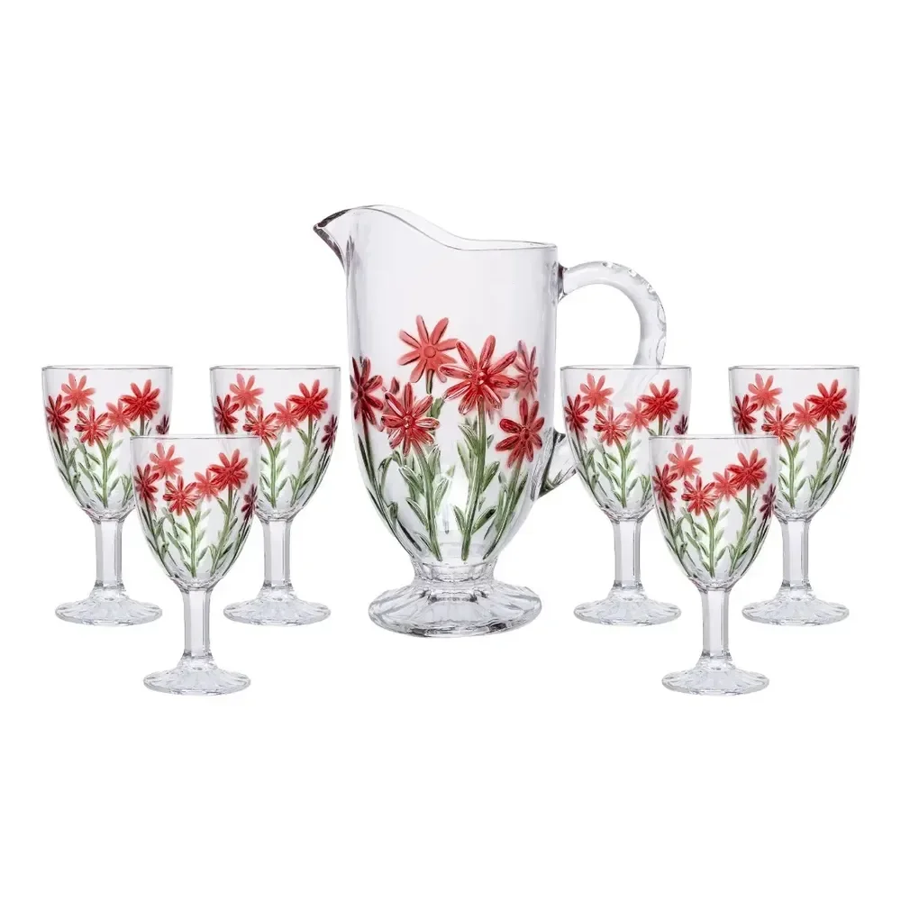 Conjunto Jarra Com 6 Taças Red Flower 1,3l/320ml Cristal Wolff Incolor