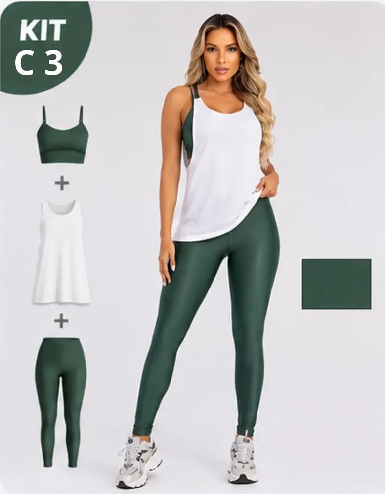 Kit 3 Peça Fitness Roupa Academia Legging + Cropped + Regata Verde Militar G