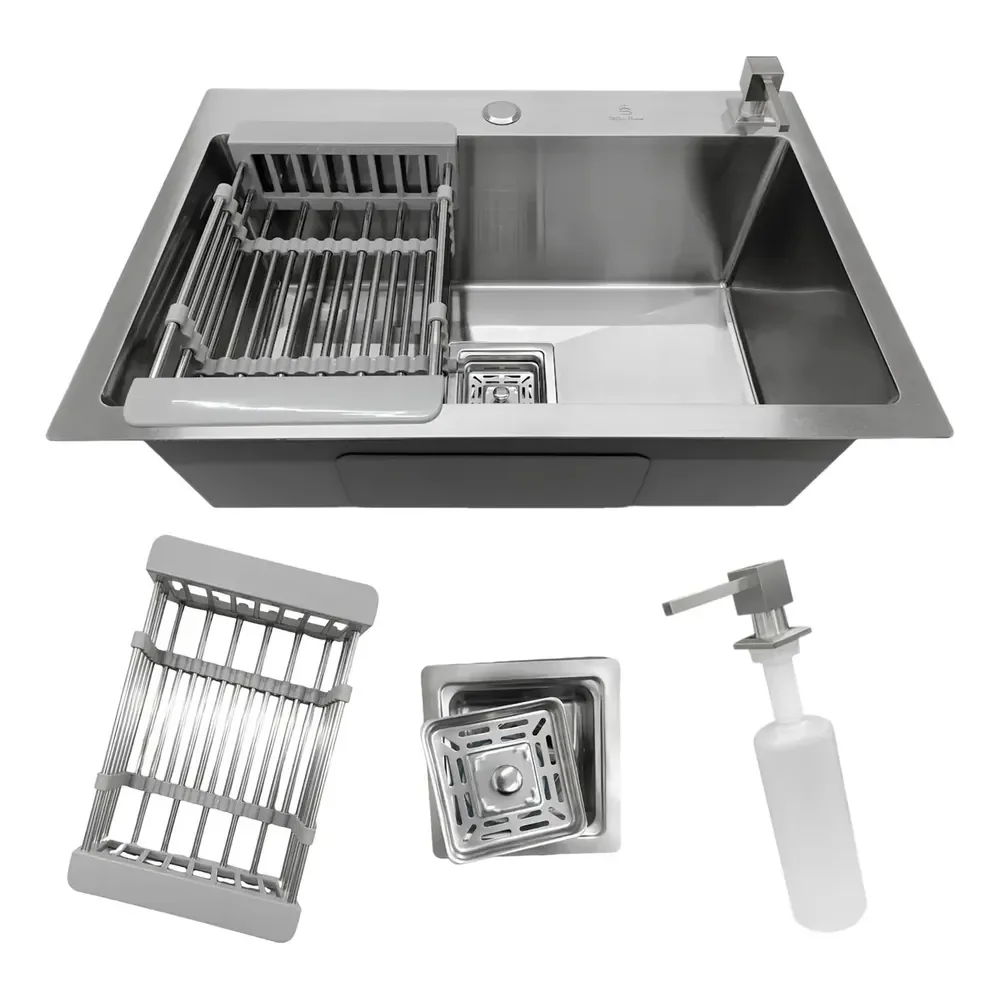 Cuba Pia Cozinha Gourmet Quadrada Aço Inox 304 Escovada 60x40cm Com Acessórios Stillus Home Aço Inox Escovado