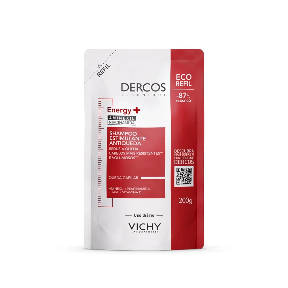 Vichy Dercos Energy+ Refil Shampoo Antiqueda Estimulante com Aminexil 1.5%, Niacinamida e Vitamina E, +47% Fios Fortalecidos e +19% de Densidade Capilar, 200g