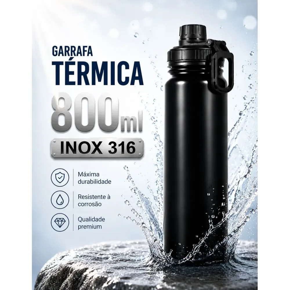 Garrafa Térmica 800ml Água Azarte Inox Academia Com Alça Preta