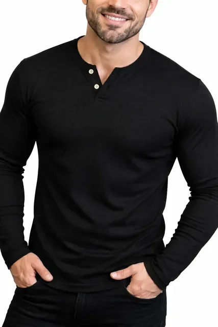 Camiseta Henley Masculina Manga Longa Slim 2 Botões Casual
