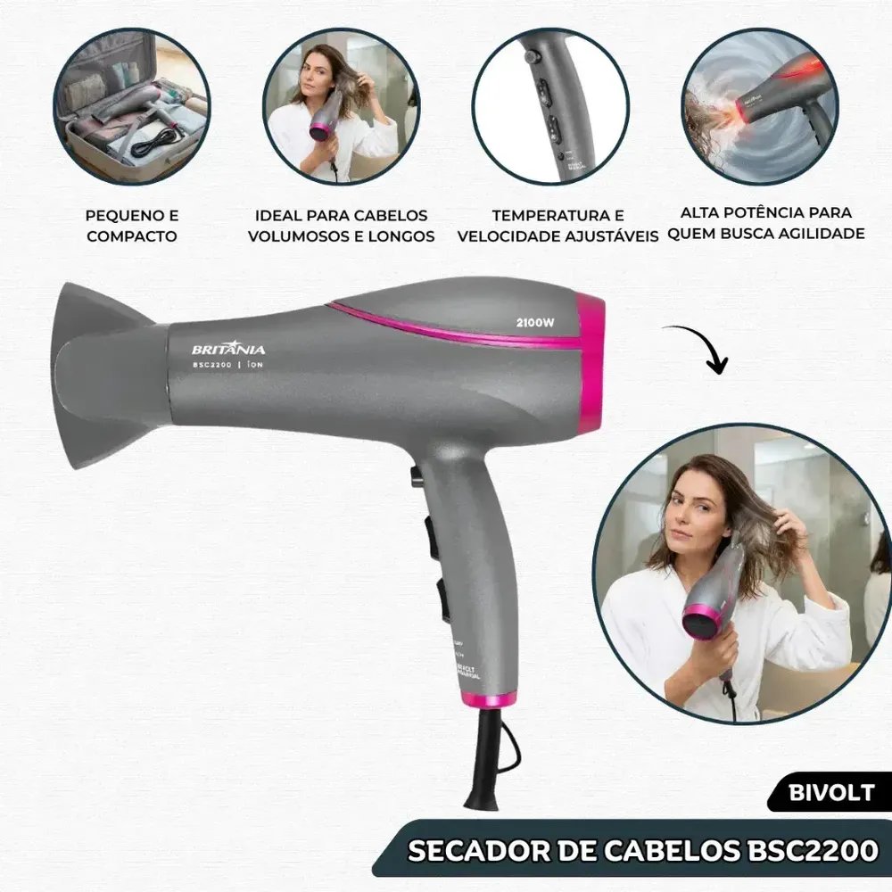 Secador De Cabelos Britânia BSC2200 Bivolt 2100w Com Tecnologia Tourmaline Íons - 2 velocidades + 3 temperaturas + jato de ar frio