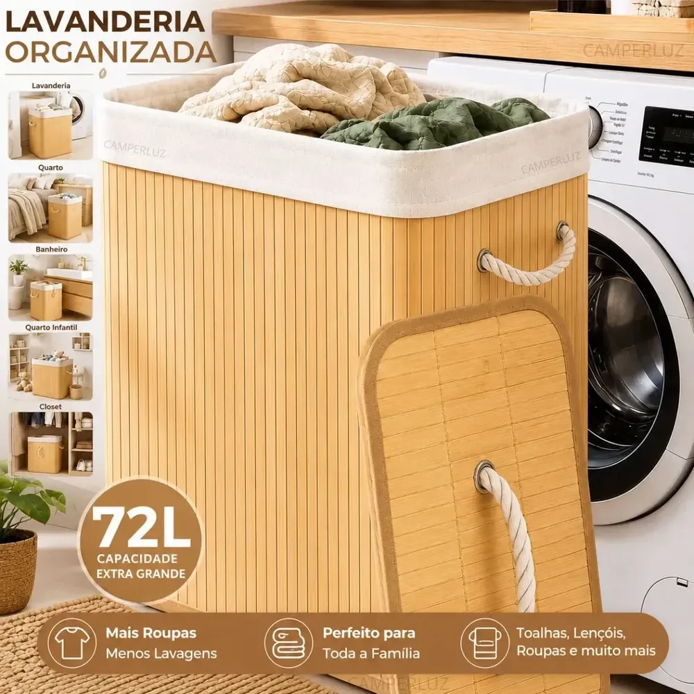 Cesto Organizador De Roupa Bambu Dobrável Retangular Com Tampa Forro E Alças 72 Litros Grande Capacidade Reforçado Caixa Organizadora Para Brinquedos - Marca Camperluz Madeira