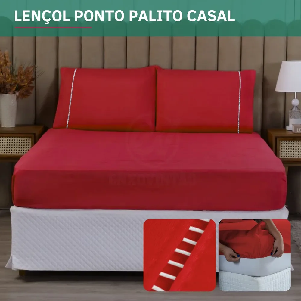 Jogo De Cama Casal Luxo 400 Fios Ponto Palito 3 Peças C/ Fronha Toque Macio Confortável Cor Vermelho Premium