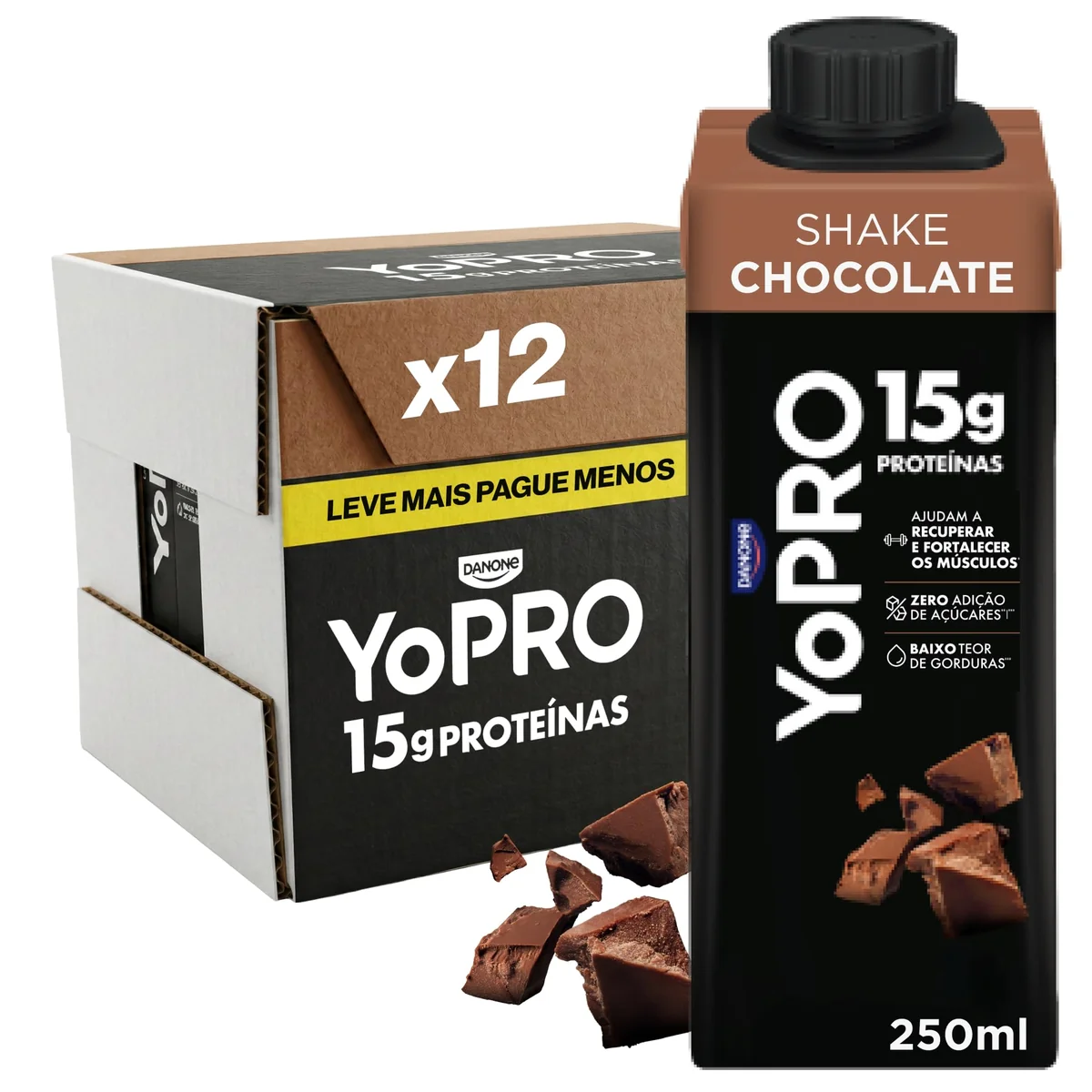 YoPRO Bebida Láctea UHT Chocolate Líquida Caixinha 250ml - 15g de Proteínas - Sem Lactose - Pack com 12 Unidades